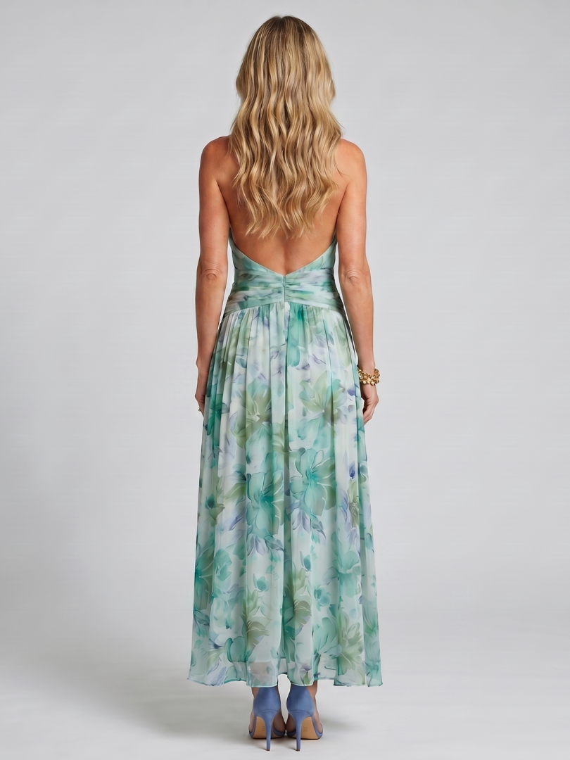 Portia Pleated Halter Soft Floral Pattern Midi Dress