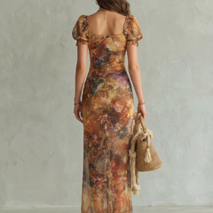 Ciel Ruffled Sleeve Ruched Slit Midi Dress