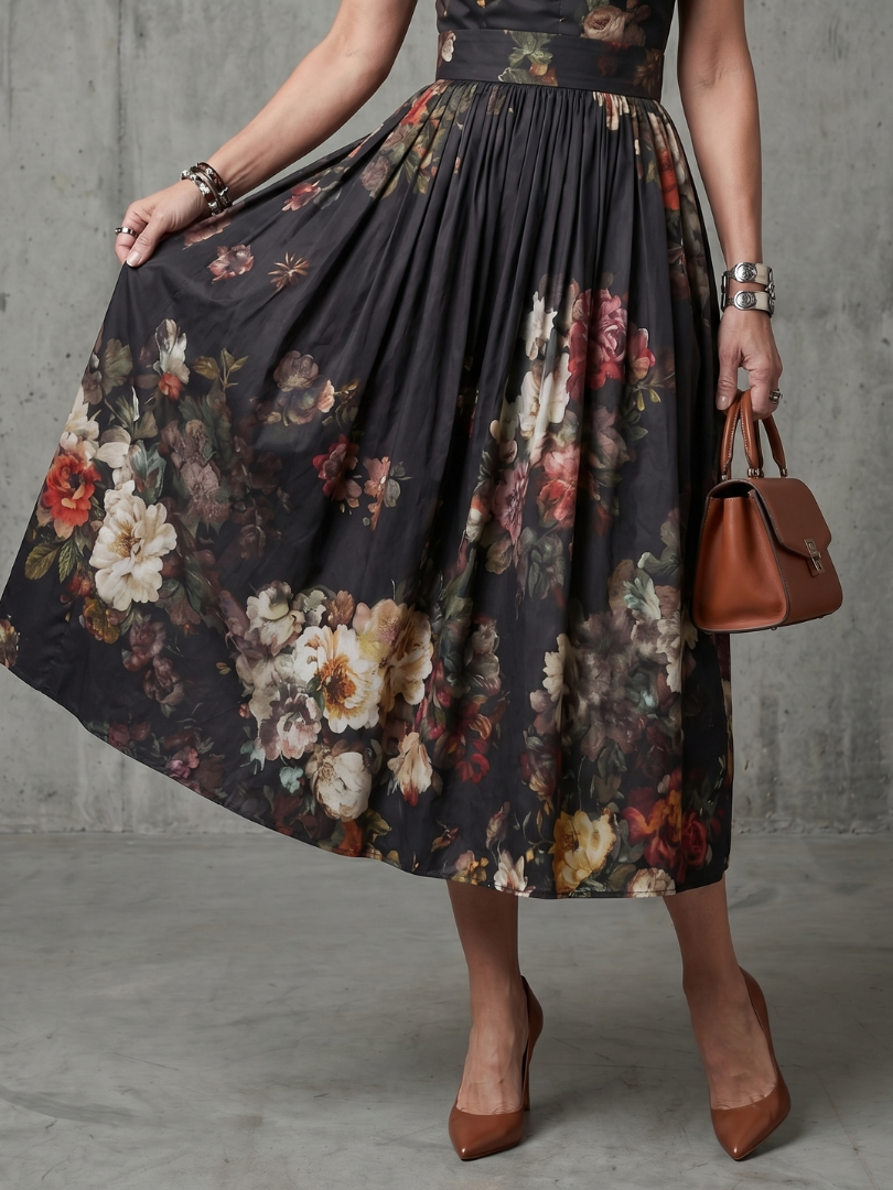Amara High Neck Keyhole Floral Pleated Midi Dress