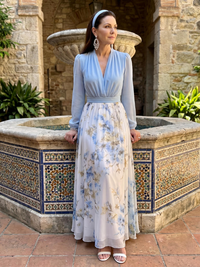 Augusta V Neck Sheer Bodice Floral Maxi Dress