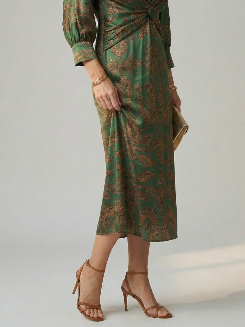 Lune Natural Wrap Midi Dress with Long Sleeves