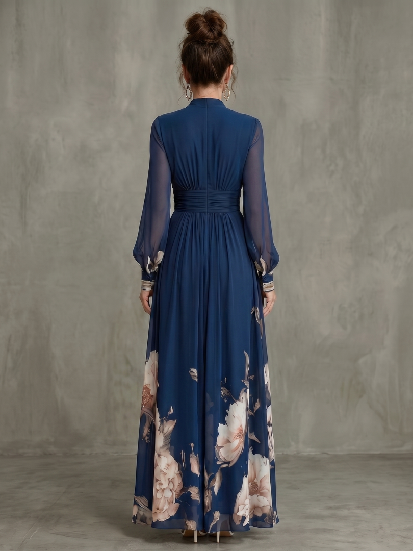 Ziva Pleated Sheer Sleeves Maxi Dress