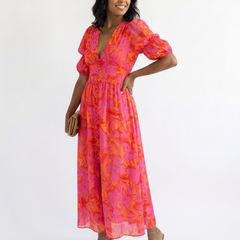 Naomi Floral V Neck Puff Sleeve Midi Dress
