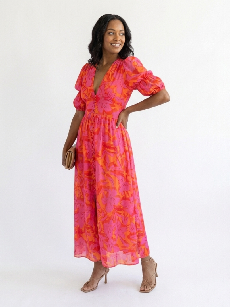 Naomi Floral V Neck Puff Sleeve Midi Dress
