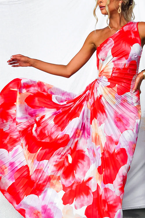 Celeste Vibrant Tropical Evening Dress with One-Shoulder Neckline