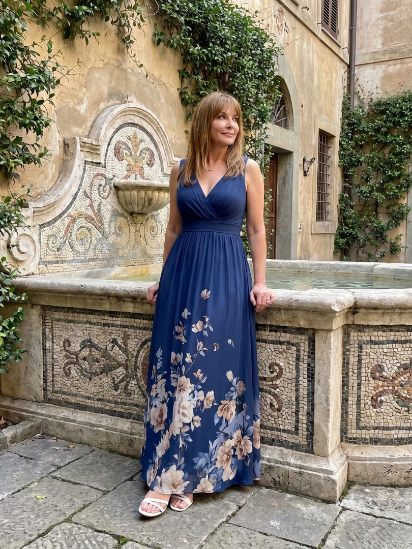 Valentina Sleeveless V Neck Soft Floral Hem Midi Dress