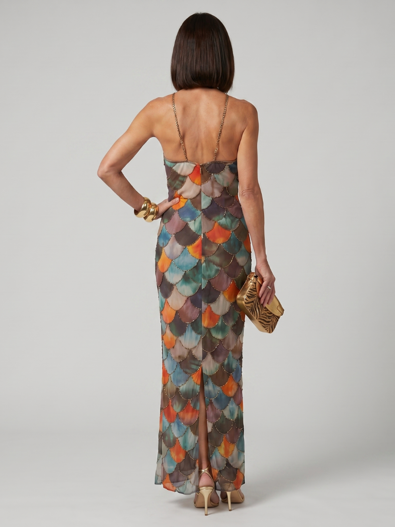 Larkin Fitted Multicolor Scale Pattern Maxi Dress
