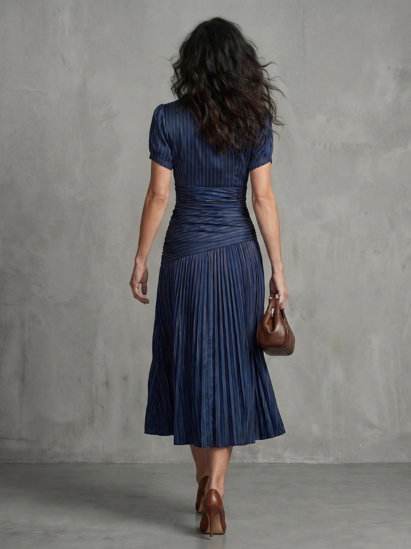 Theodora Pleated Waistline Stripe Midi Dress
