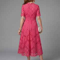 Tabitha Short Sleeve Eyelet Lace Fitted Waist Midi Dress
