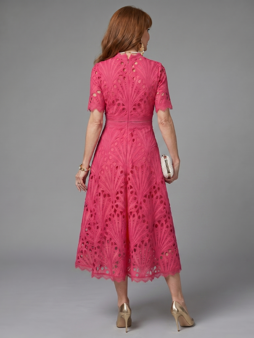 Tabitha Short Sleeve Eyelet Lace Fitted Waist Midi Dress