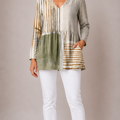Natalie long blouse with V-neck in multicolour print, front view