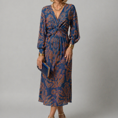 Dineke Floral Print Dress with Twist Front and Long Sleeves