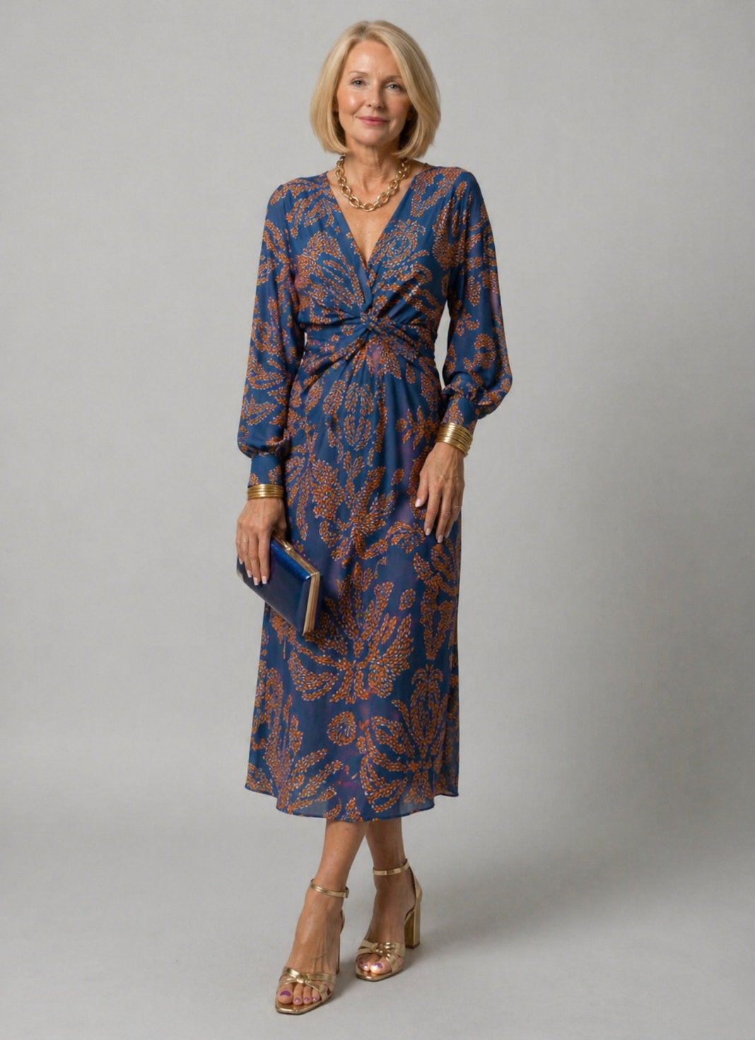 Dineke Floral Print Dress with Twist Front and Long Sleeves