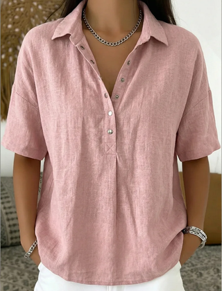 Birdie Short Sleeve Collared Blouse, collar and button detail
