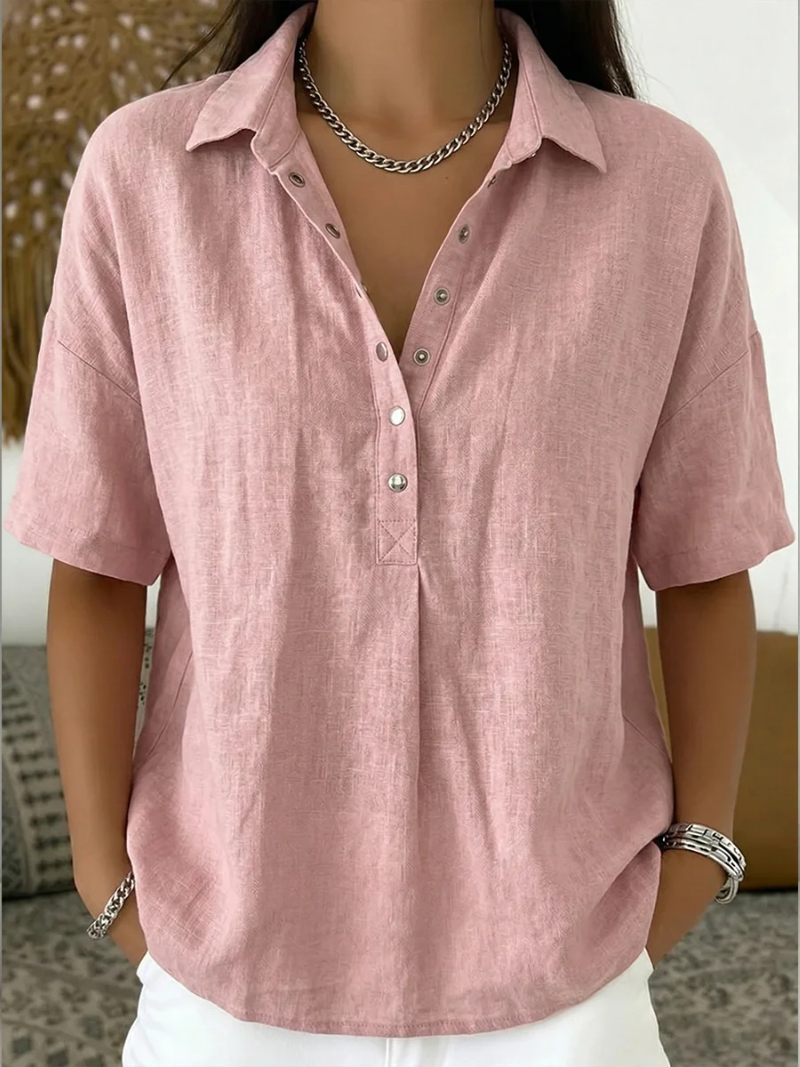 Birdie Short Sleeve Collared Blouse, collar and button detail