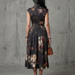 Amara High Neck Keyhole Floral Pleated Midi Dress