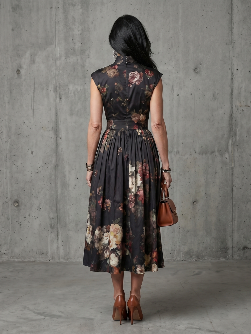 Amara High Neck Keyhole Floral Pleated Midi Dress