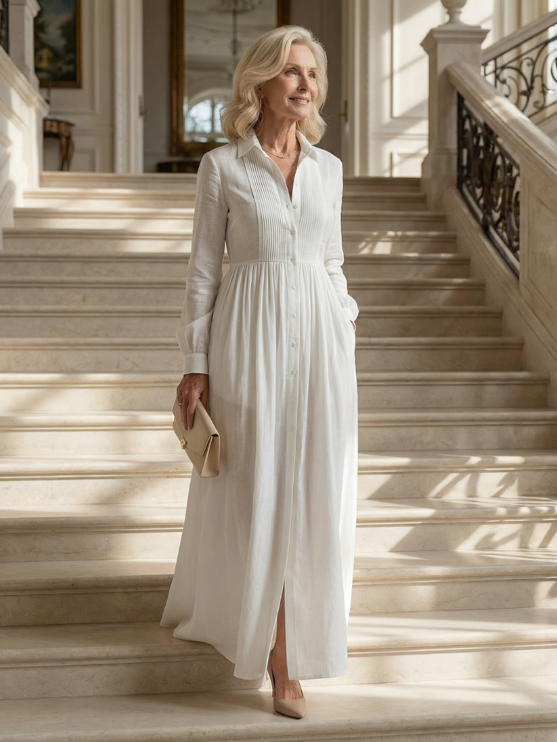 Lioren Soft Flow Maxi Dress with Button Front and Pockets