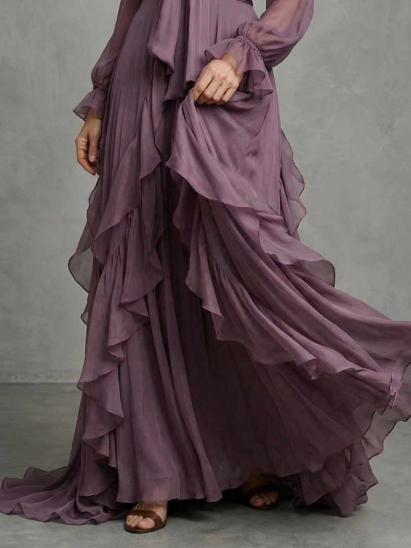 Demetria Tie Neck Ruffle Tiered Maxi Dress