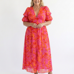 Naomi Floral V Neck Puff Sleeve Midi Dress