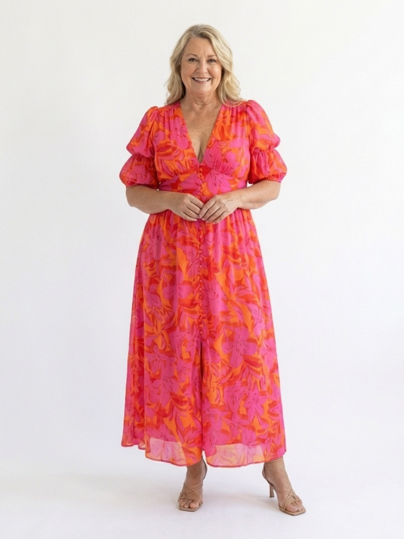 Naomi Floral V Neck Puff Sleeve Midi Dress
