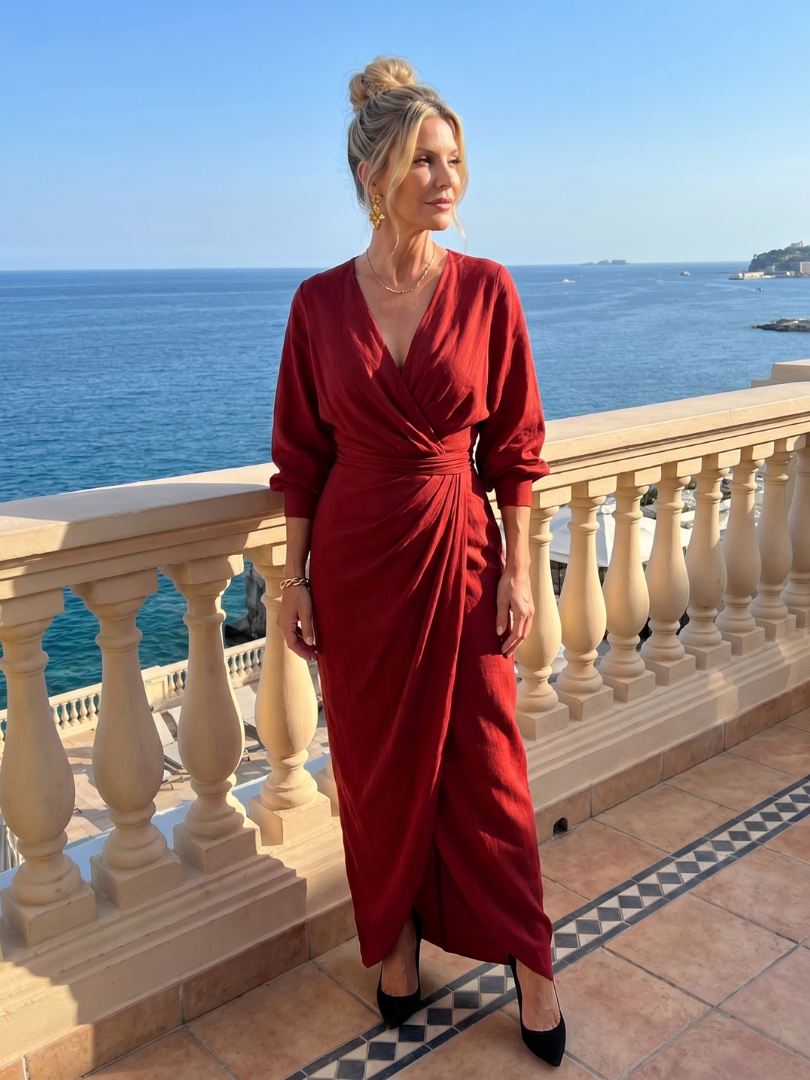 Fable Long Sleeve Wrap Overlap Skirt Midi Dress