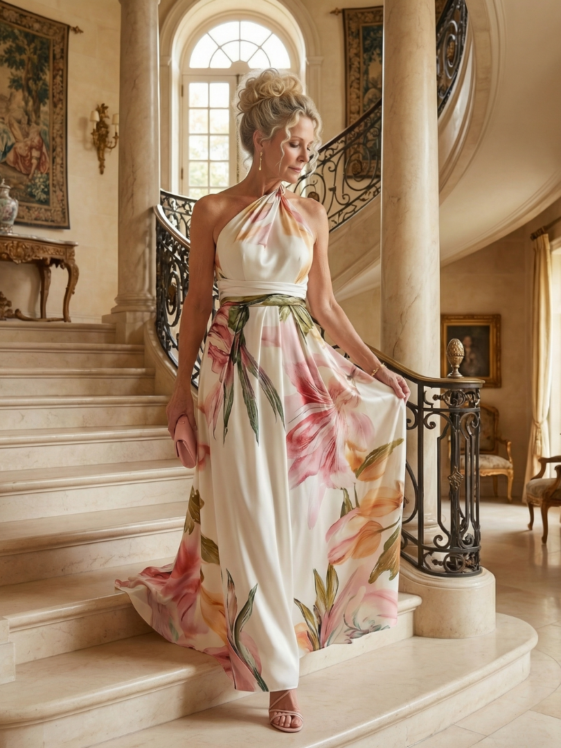 Amiel Light Floral Maxi Dress with Halter Neckline