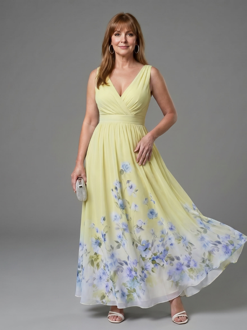 Valentina Sleeveless V Neck Soft Floral Hem Midi Dress