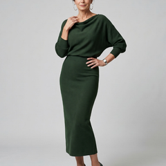 Ursula Draped Neckline Fitted Skirt Midi Dress