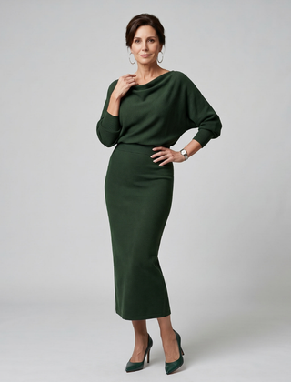 Ursula Draped Neckline Fitted Skirt Midi Dress