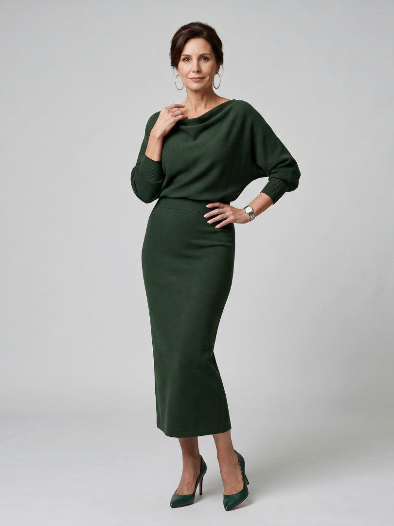 Ursula Draped Neckline Fitted Skirt Midi Dress