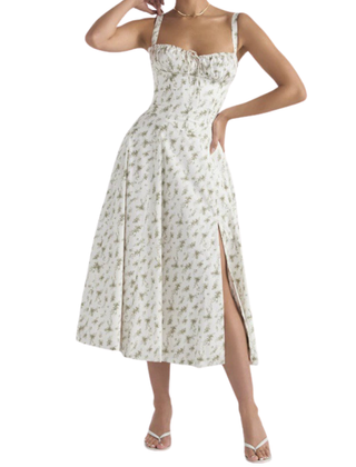 Ruched bodice detail on the corset midi dress