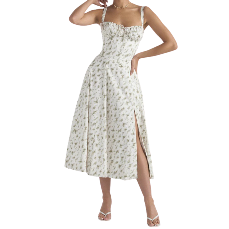 Ruched bodice detail on the corset midi dress