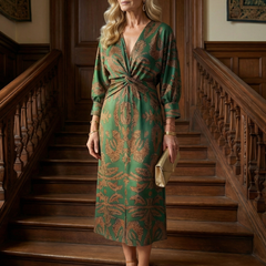 Lune Natural Wrap Midi Dress with Long Sleeves