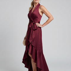Honora Halter Neck Wrap Asymmetric Hem Midi Dress