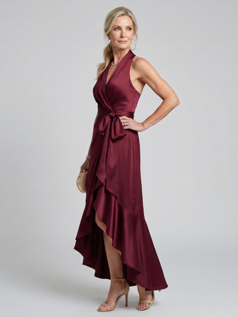 Honora Halter Neck Wrap Asymmetric Hem Midi Dress