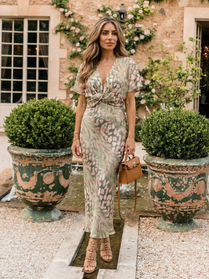Coralie Abstract Print V Neck Twist Waist Midi Dress