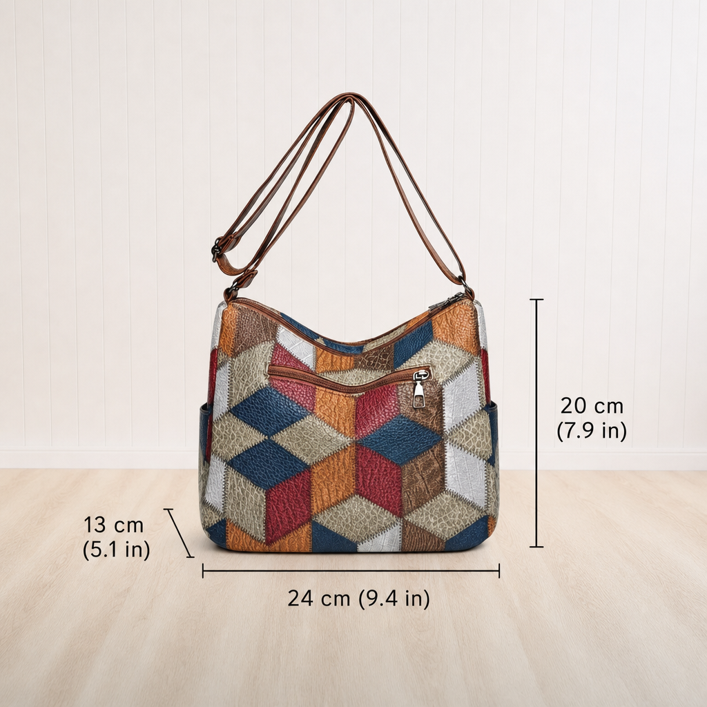 Nella patchwork shoulder bag measurements: 24 cm wide, 20 cm high, 13 cm deep