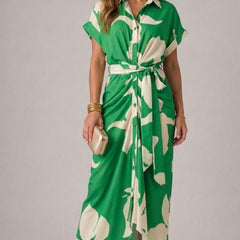 Tahlia Elegant Casual Dress, Flowy V-Neck Tie-Waist Midi Dress