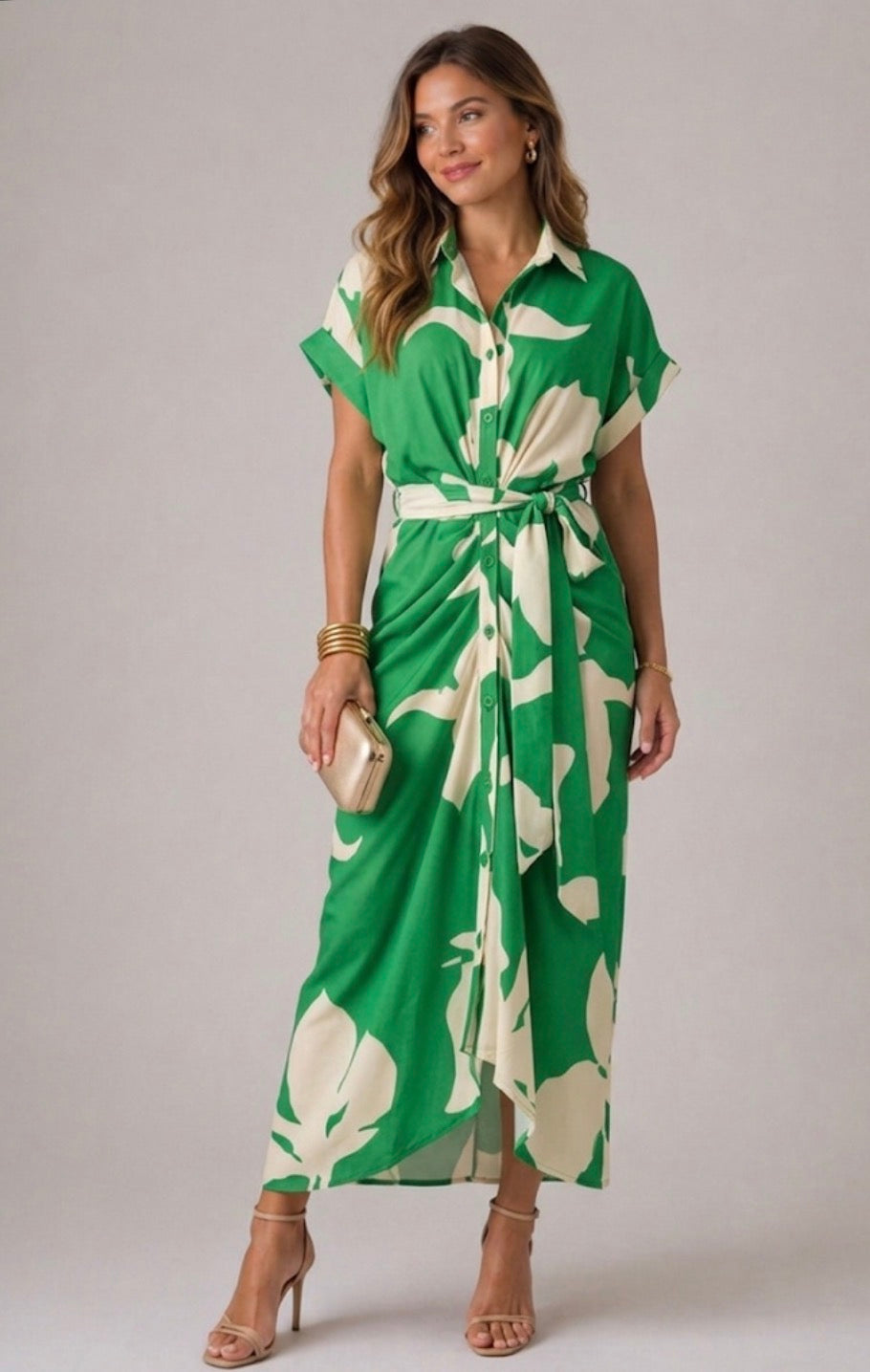 Tahlia Elegant Casual Dress, Flowy V-Neck Tie-Waist Midi Dress