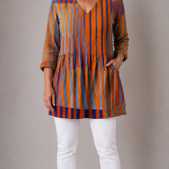 Orange patterned long blouse with V-neck, front view