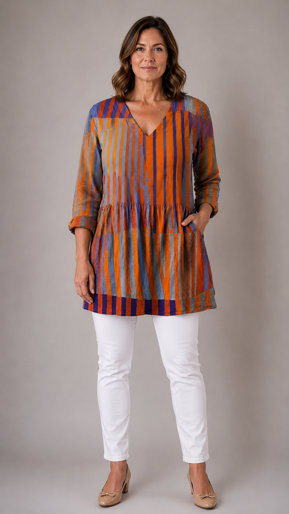 Orange patterned long blouse with V-neck, front view