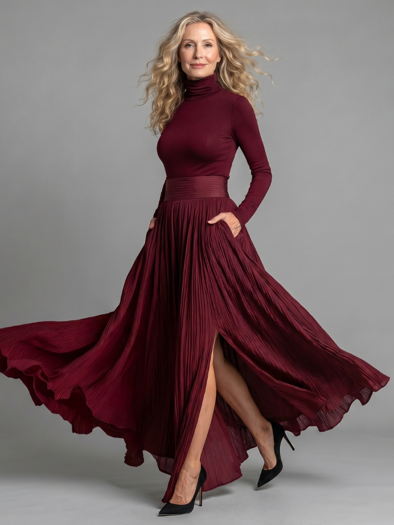 Lana Long Sleeve Turtleneck Defined Waist Midi Dress