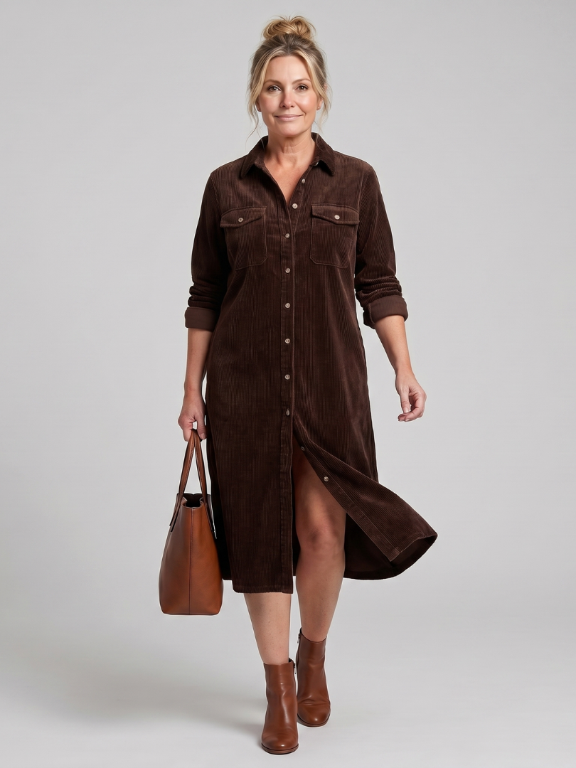 Pema Long Sleeve Patch Pockets Midi Dress