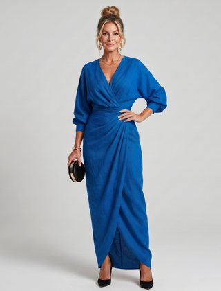 Fable Long Sleeve Wrap Overlap Skirt Midi Dress