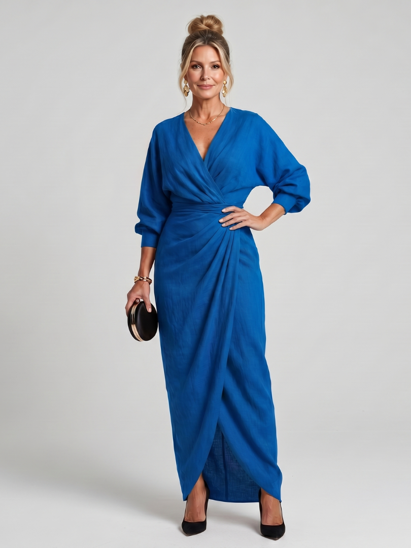 Fable Long Sleeve Wrap Overlap Skirt Midi Dress