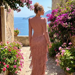 Samara Long Sleeve Soft Fringe Skirt Midi Dress