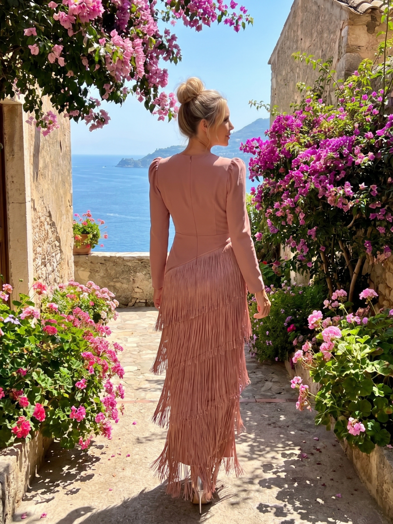 Samara Long Sleeve Soft Fringe Skirt Midi Dress