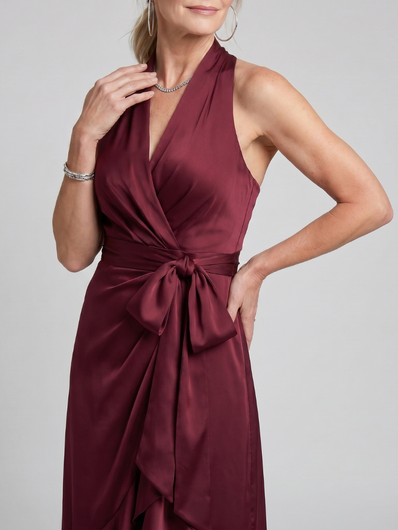 Honora Halter Neck Wrap Asymmetric Hem Midi Dress