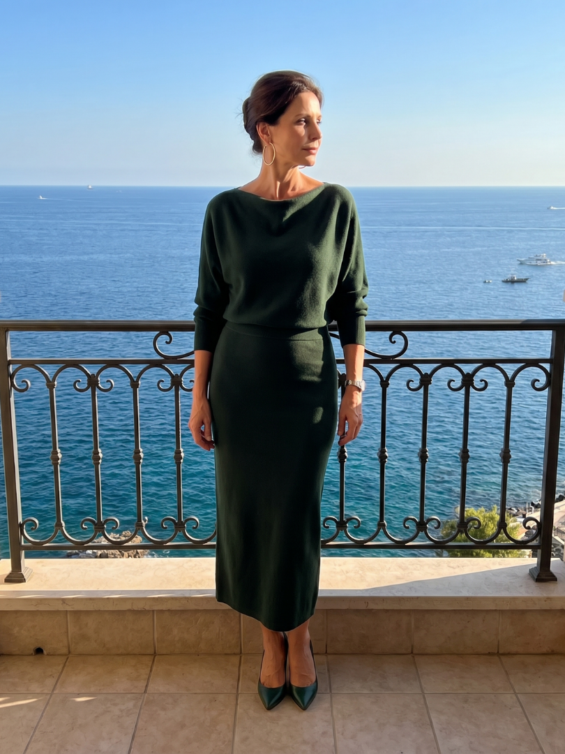 Ursula Draped Neckline Fitted Skirt Midi Dress